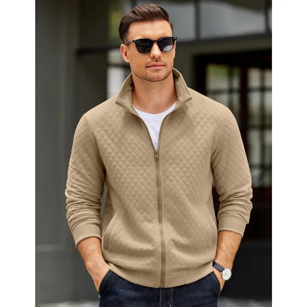 COOFANDY Men Black Zip Up Mock Neck Quilted Lightweight Sweater Jacket